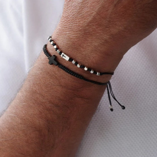 AliExpress, stylish and simple 4mm black matte copper beads wear cross elastic set bracelet bracelet accessories