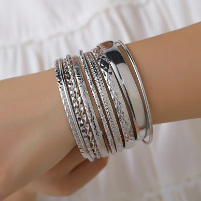 Cross-border new metal bracelet set, female exaggerated bohemian feng shui ripple smooth surface stacked bracelet 10-piece set