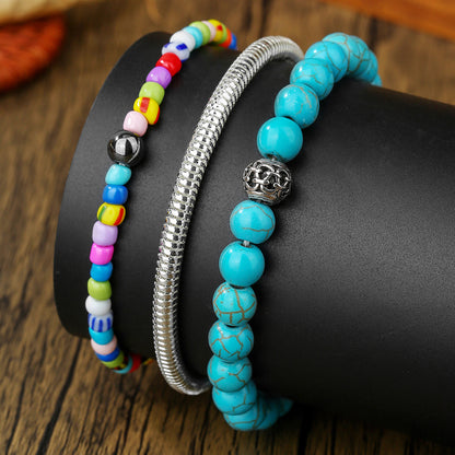 Cross-border directly from the manufacturer Bohemian multi-layer rice bead turquoise beaded bracelet men stacked chain bracelet women