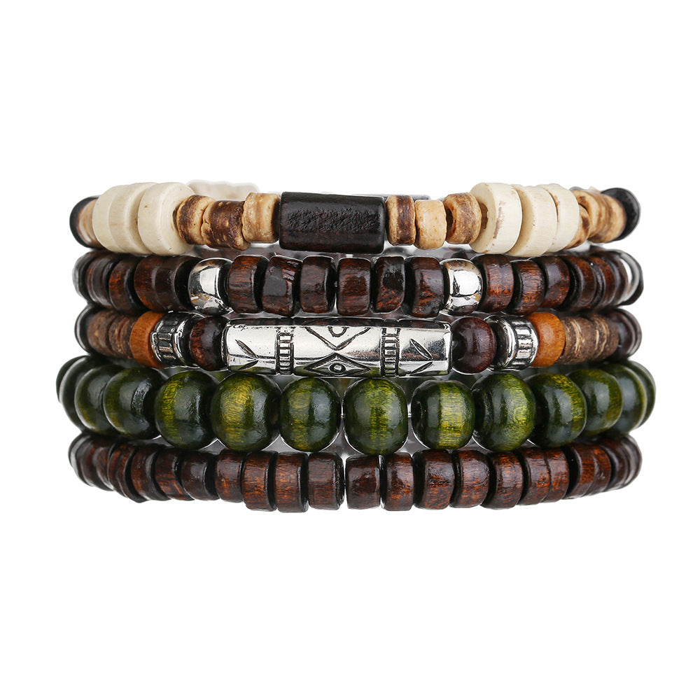 Cross-border hot-selling wood bead alloy multi-layer elastic bracelet bracelet combination European and American retro men's beaded hip-hop bracelet