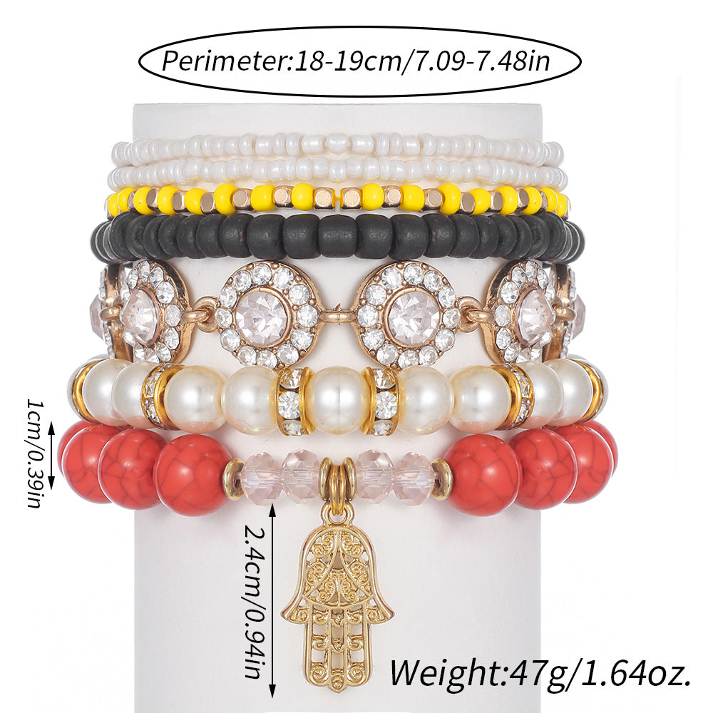 European and American turquoise bracelet Fatima palm diamond beaded wood bead bracelet Bohemian multi-layer pearl bracelet women