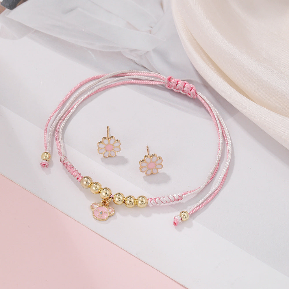 Cross-border new little raccoon pendant woven bracelet, dripping oil, daisy stud earrings, small fresh children's jewelry set combination