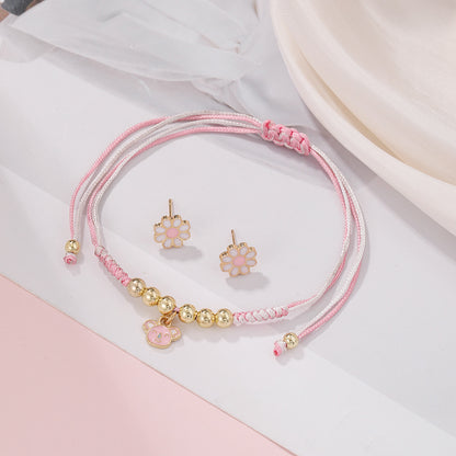Cross-border new little raccoon pendant woven bracelet, dripping oil, daisy stud earrings, small fresh children's jewelry set combination