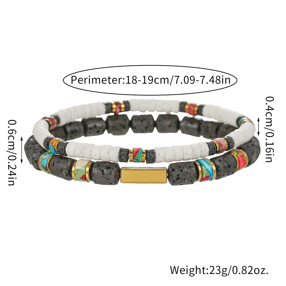 Cross-border personalized trend American double-layer stacked bracelet, black gallstone volcanic stone jewelry set, versatile men's bracelet.