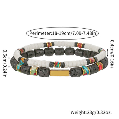 Cross-border personalized trend American double-layer stacked bracelet, black gallstone volcanic stone jewelry set, versatile men's bracelet.