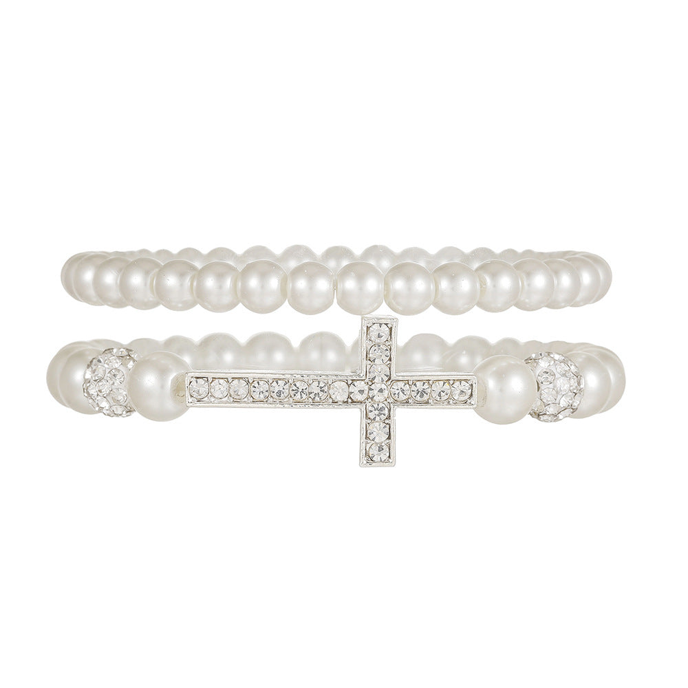 Cross-border hot-selling imitation pearl diamond cross diamond ball bracelet combination cold wind advanced sense personalized wedding bracelet