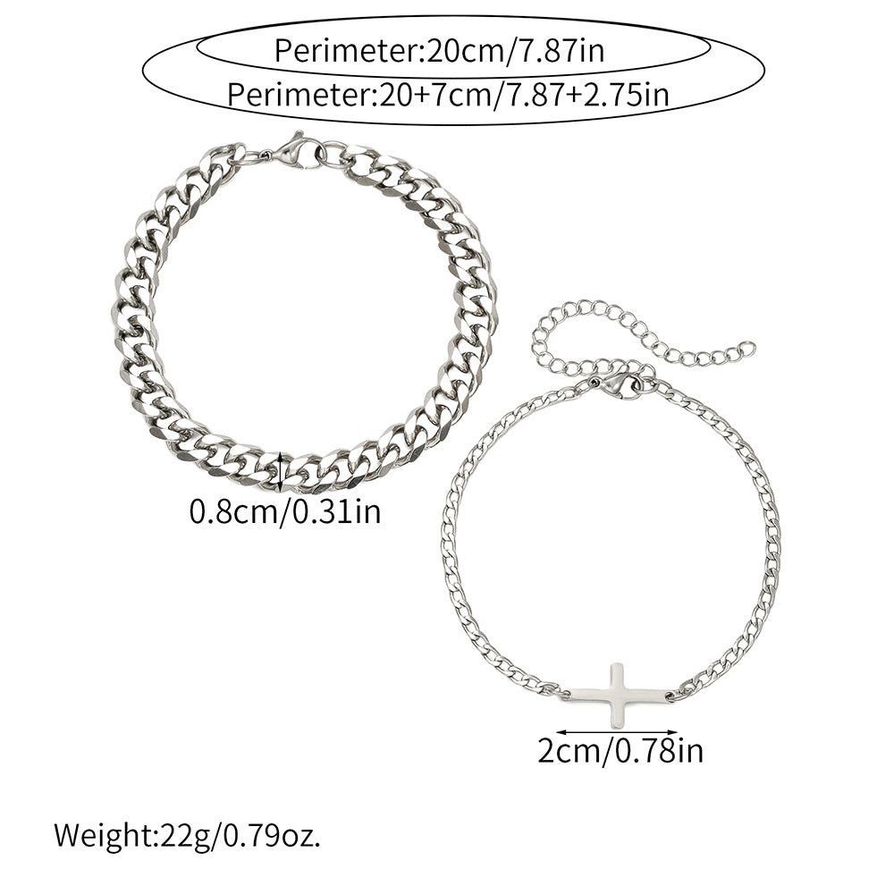 Fashion Cold Wind Stainless Steel Cuban NK Chain Double Layer Stacked Cross Bracelet Men's Hip Hop Street Bracelet Set