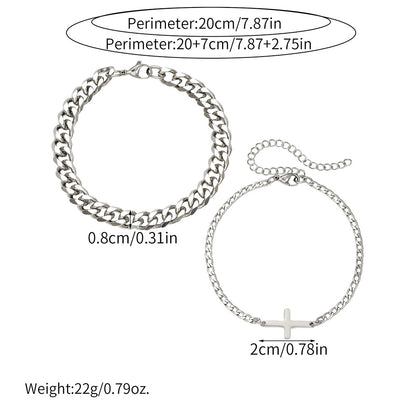 Fashion Cold Wind Stainless Steel Cuban NK Chain Double Layer Stacked Cross Bracelet Men's Hip Hop Street Bracelet Set