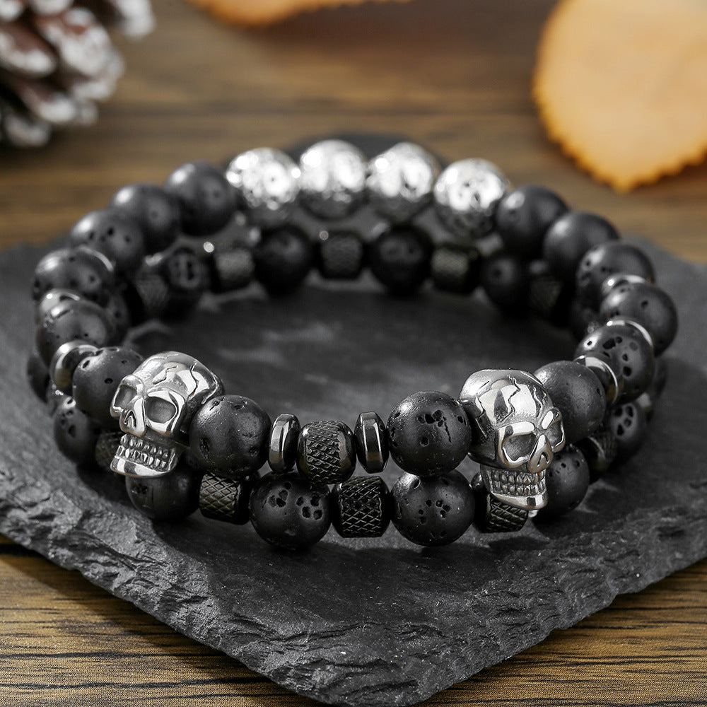 Retro Men's Hip Hop Stainless Steel Skull Bracelet Multilayer Stacked Wear Beaded Weathered Black Agate Bracelet Non-Fading
