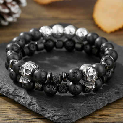 Retro Men's Hip Hop Stainless Steel Skull Bracelet Multilayer Stacked Wear Beaded Weathered Black Agate Bracelet Non-Fading