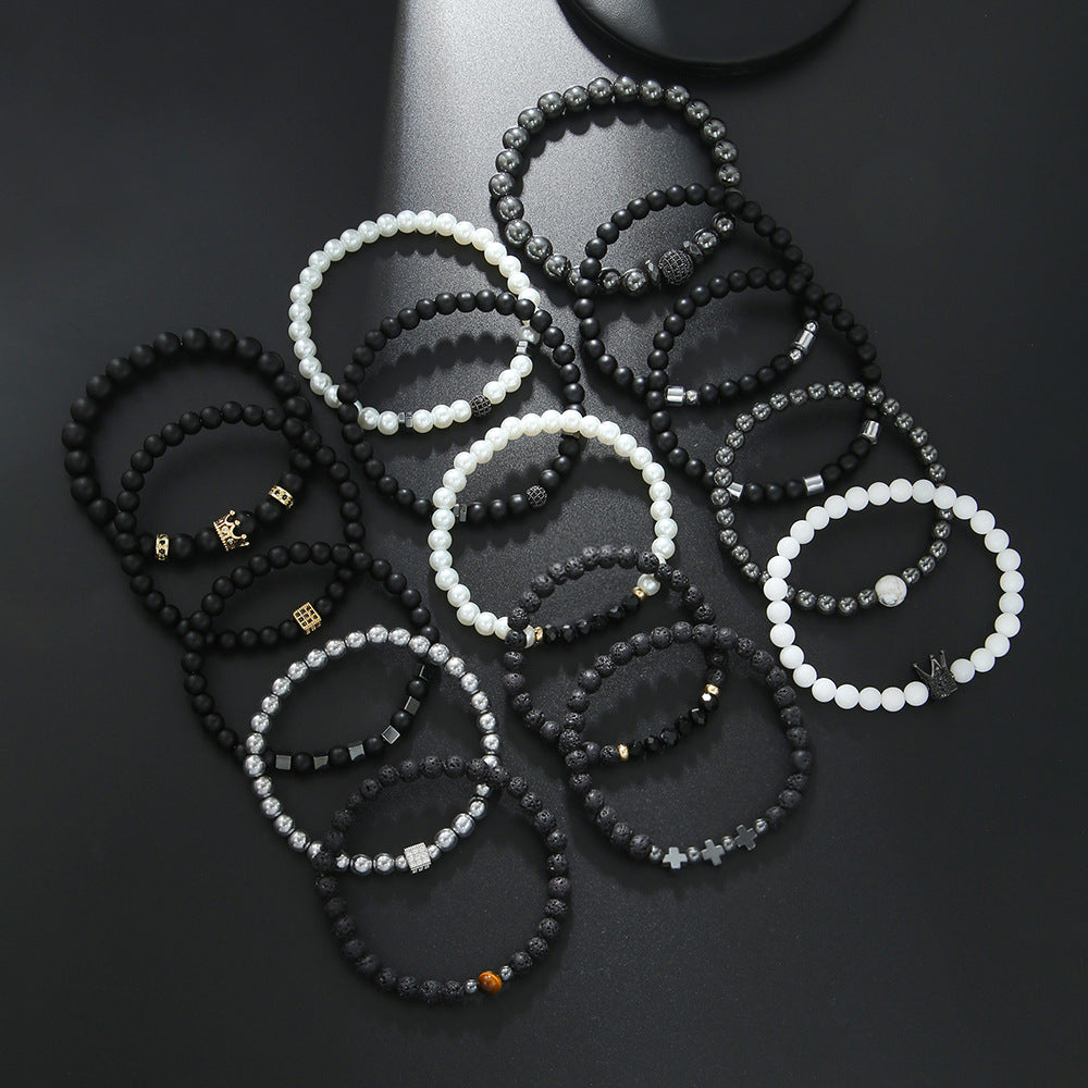 European and American hip hop Internet celebrity style 6mm black matte pearl bead bracelet set micro-inlaid zircon diamond ball elastic bracelet
