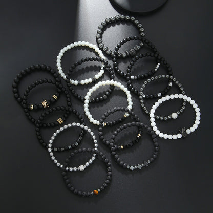 European and American hip hop Internet celebrity style 6mm black matte pearl bead bracelet set micro-inlaid zircon diamond ball elastic bracelet