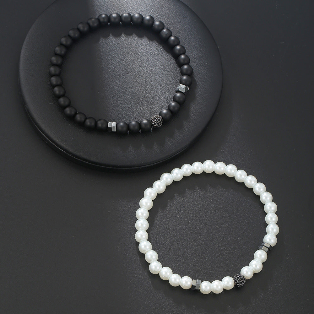 European and American hip hop Internet celebrity style 6mm black matte pearl bead bracelet set micro-inlaid zircon diamond ball elastic bracelet