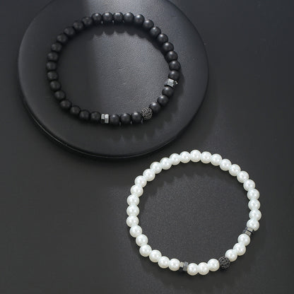 European and American hip hop Internet celebrity style 6mm black matte pearl bead bracelet set micro-inlaid zircon diamond ball elastic bracelet