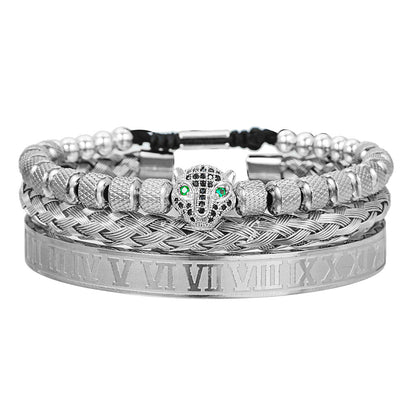 European and American retro versatile zircon leopard head woven bracelet Roman letter woven stainless steel mesh bracelet set