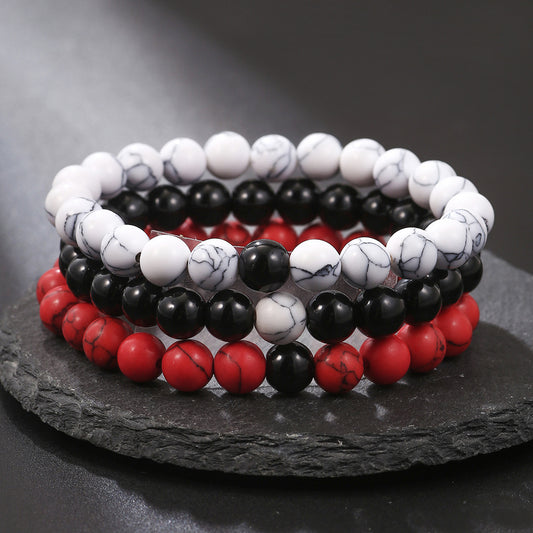 Amazon cross-border explosion 8mm black diamond red pine turquoise beaded bracelet men's, European and American fashion jewelry set