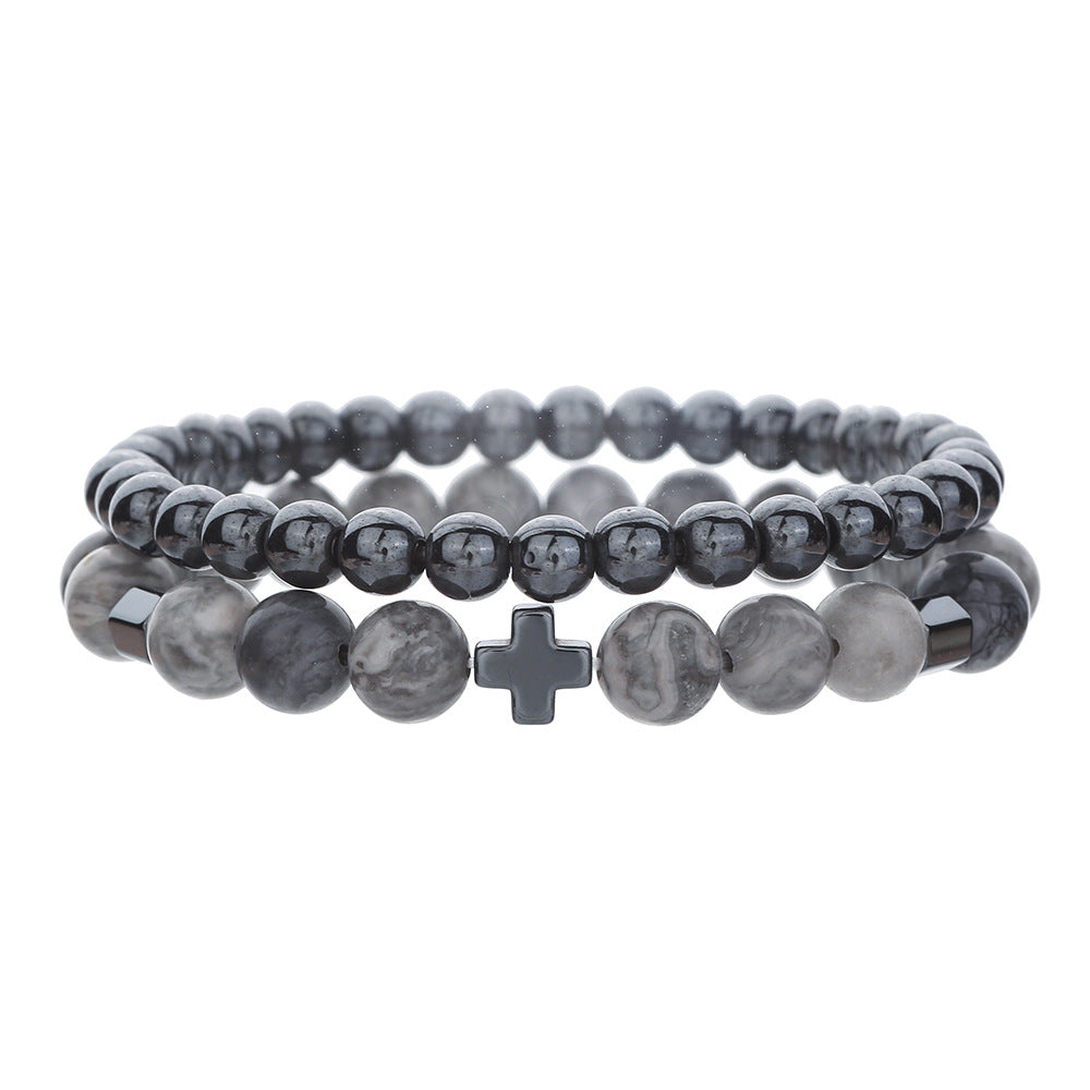 Cross-border hot-selling stone bracelet black gallstone cross flying saucer retro bracelet map stone elastic bracelet combination male