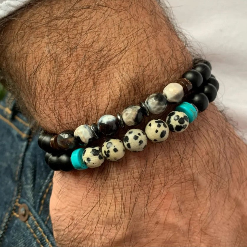 European and American retro style beaded bracelet male punk rock jewelry accessories natural black gallstone spotted stone bracelet wholesale