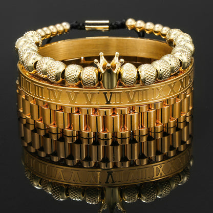 European and American zircon crown woven bracelet set, Roman letter stainless steel strap chain men's bracelet three-piece set