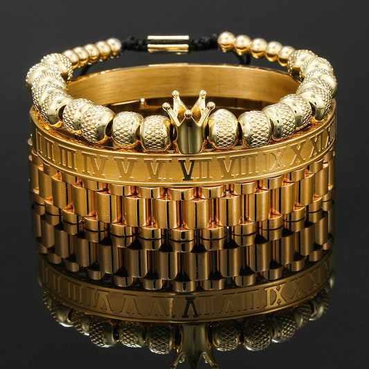 European and American zircon crown woven bracelet set, Roman letter stainless steel strap chain men's bracelet three-piece set
