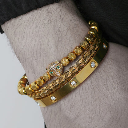 European and American retro versatile zircon leopard head woven bracelet Roman letter woven stainless steel mesh bracelet set