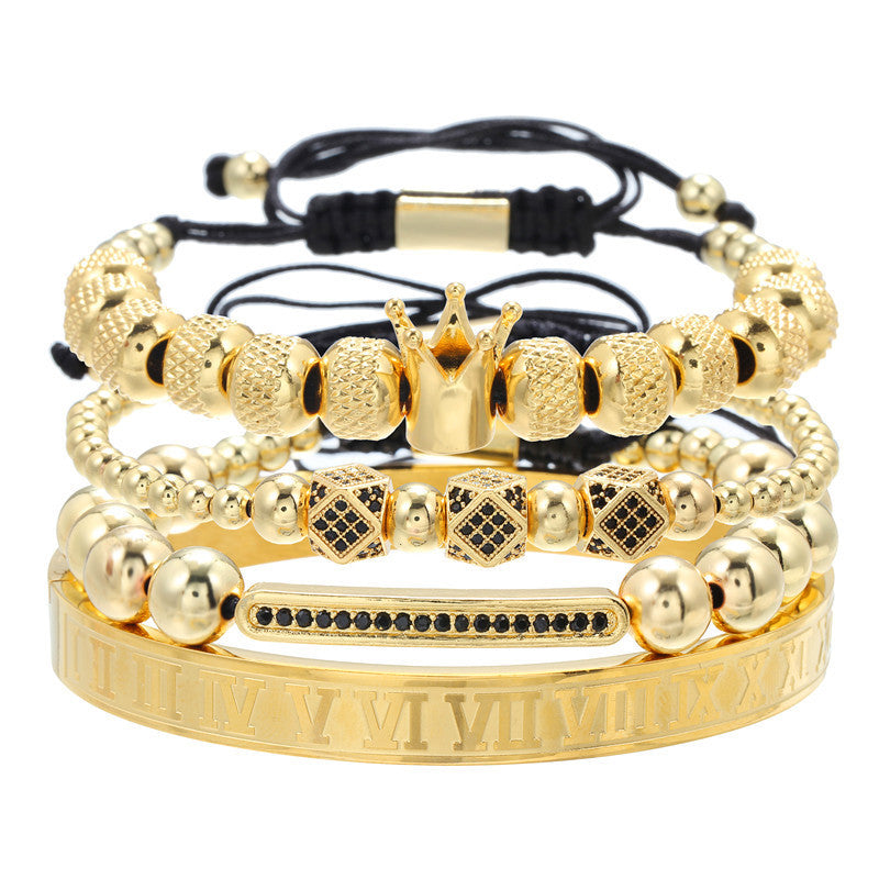 Cross-border explosive copper inlaid zircon bracelet combination stainless steel open bracelet woven crown bracelet stacked bracelet men