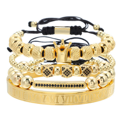 Cross-border explosive copper inlaid zircon bracelet combination stainless steel open bracelet woven crown bracelet stacked bracelet men