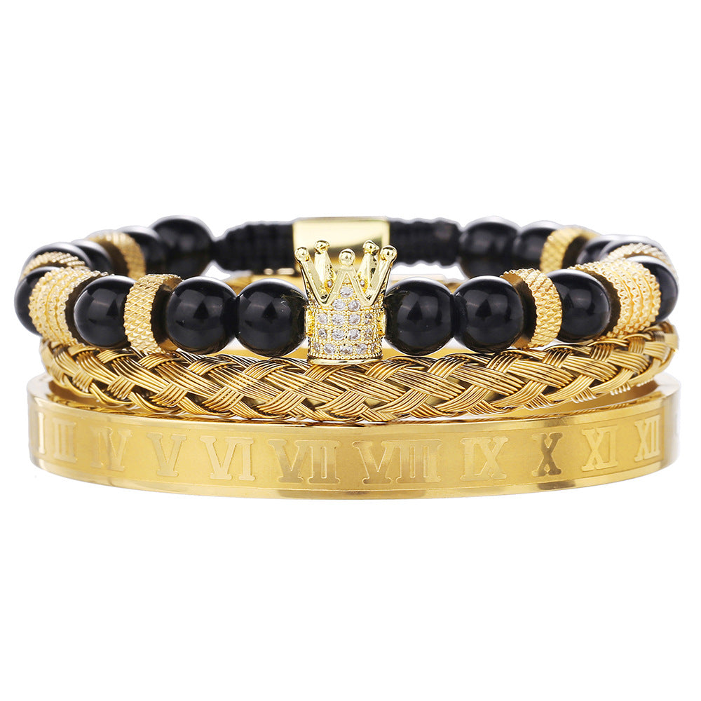 Cross-border punk hip-hop stacked bracelet set dripping oil Roman bracelet copper inlaid zircon crown black agate bracelet men
