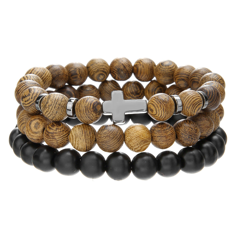 Factory direct sales cross-border hot-selling jewelry, black gallstone cross, wooden bead personalized bracelet, men's elastic bracelet set