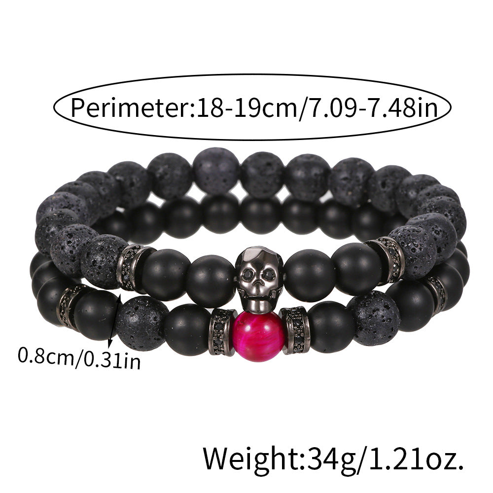 Amazon cross-border European and American domineering men's micro-inlaid zircon skull bracelet set volcanic stone bead beaded bracelet