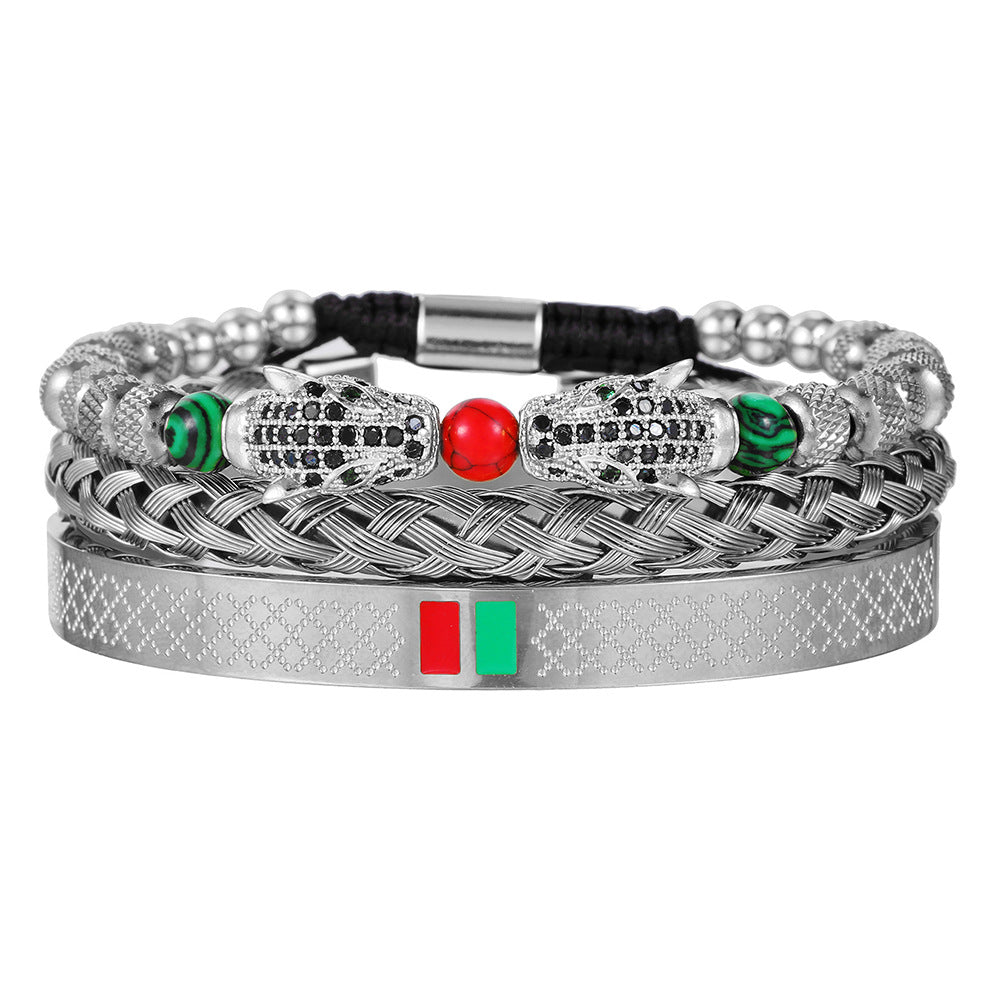 Cross-border hot-selling stainless steel zircon leopard head woven bracelet bracelet combination, fashionable C-shaped titanium steel bracelet