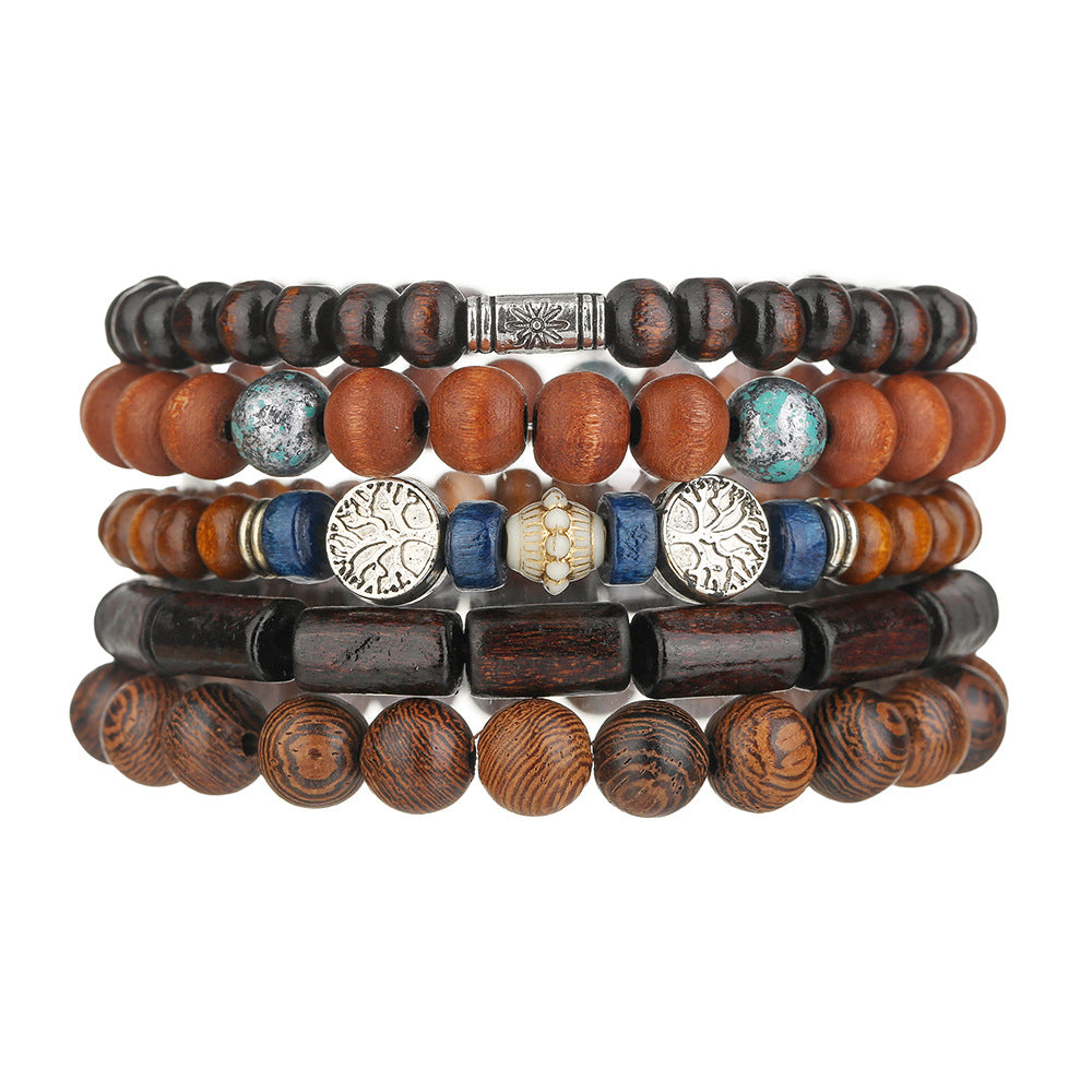 Cross-border hot-selling wood bead alloy multi-layer elastic bracelet bracelet combination European and American retro men's beaded hip-hop bracelet