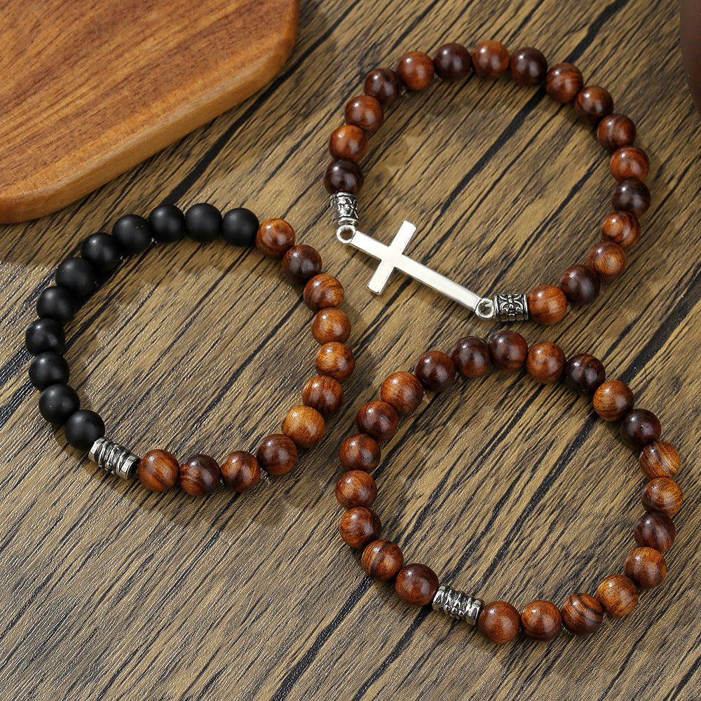 Vintage men's bracelet, Bohemian cross wooden bead bracelet, ethnic style couple multi-layer bracelet set