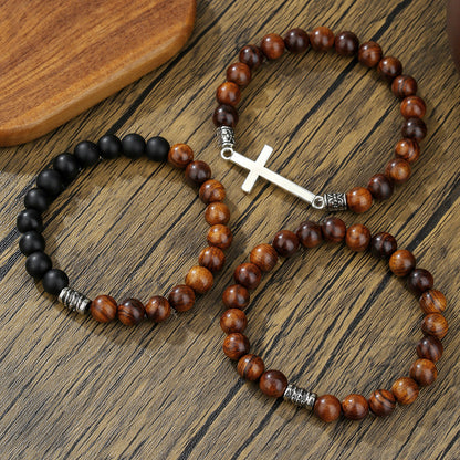 Vintage men's bracelet, Bohemian cross wooden bead bracelet, ethnic style couple multi-layer bracelet set