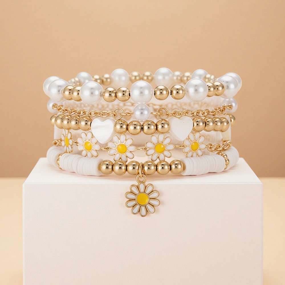 Summer new sweet and refreshing daisy bracelet women's simple flower pearl bracelet set cross-border jewelry wholesale