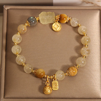 Natural golden crystal moonstone bracelet, female gold swallowing beast yellow tiger eye stone yellow hair crystal bracelet for girlfriend and girlfriend.