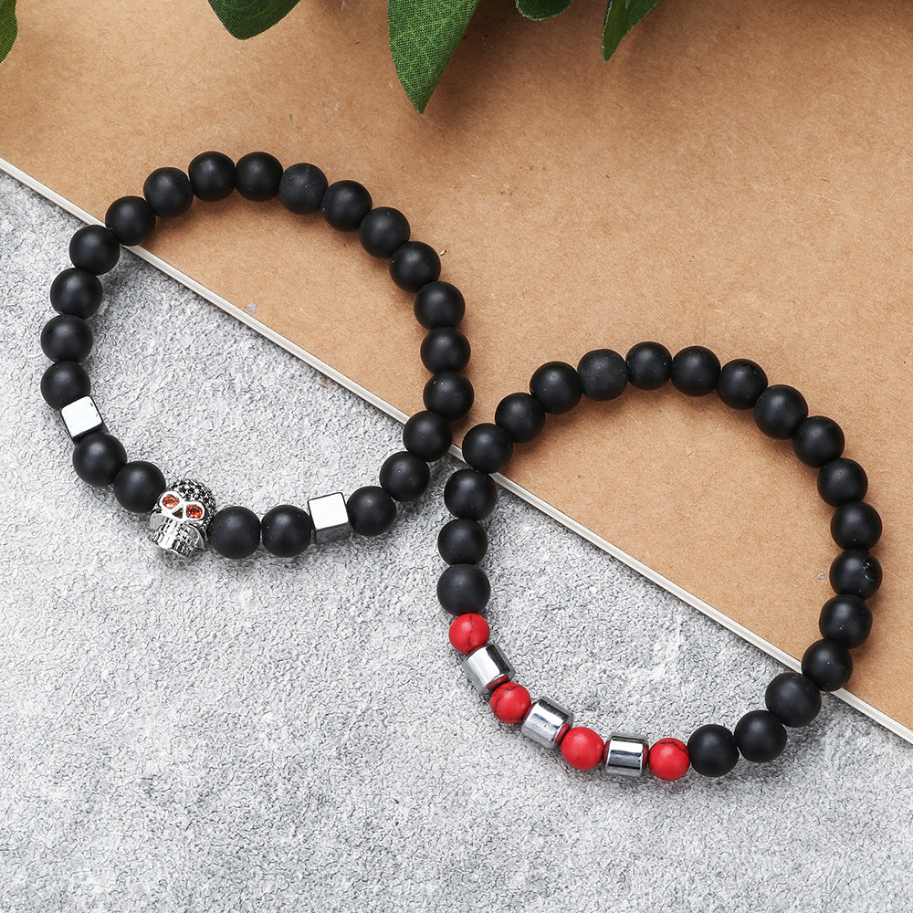 Micro-inlaid zircon skull bracelet set of 2, a set of black matte red pine beaded bracelet combination jewelry wholesale