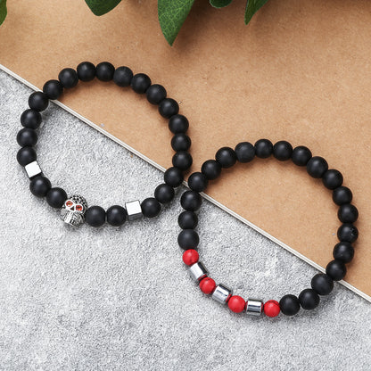 Micro-inlaid zircon skull bracelet set of 2, a set of black matte red pine beaded bracelet combination jewelry wholesale