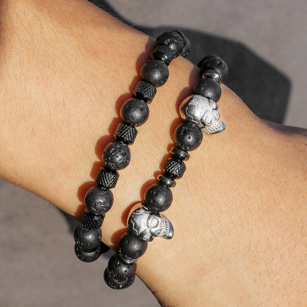 European and American cross-border hot-selling stainless steel skull bracelet men's volcanic stone beaded bracelet non-fading hip-hop bracelet