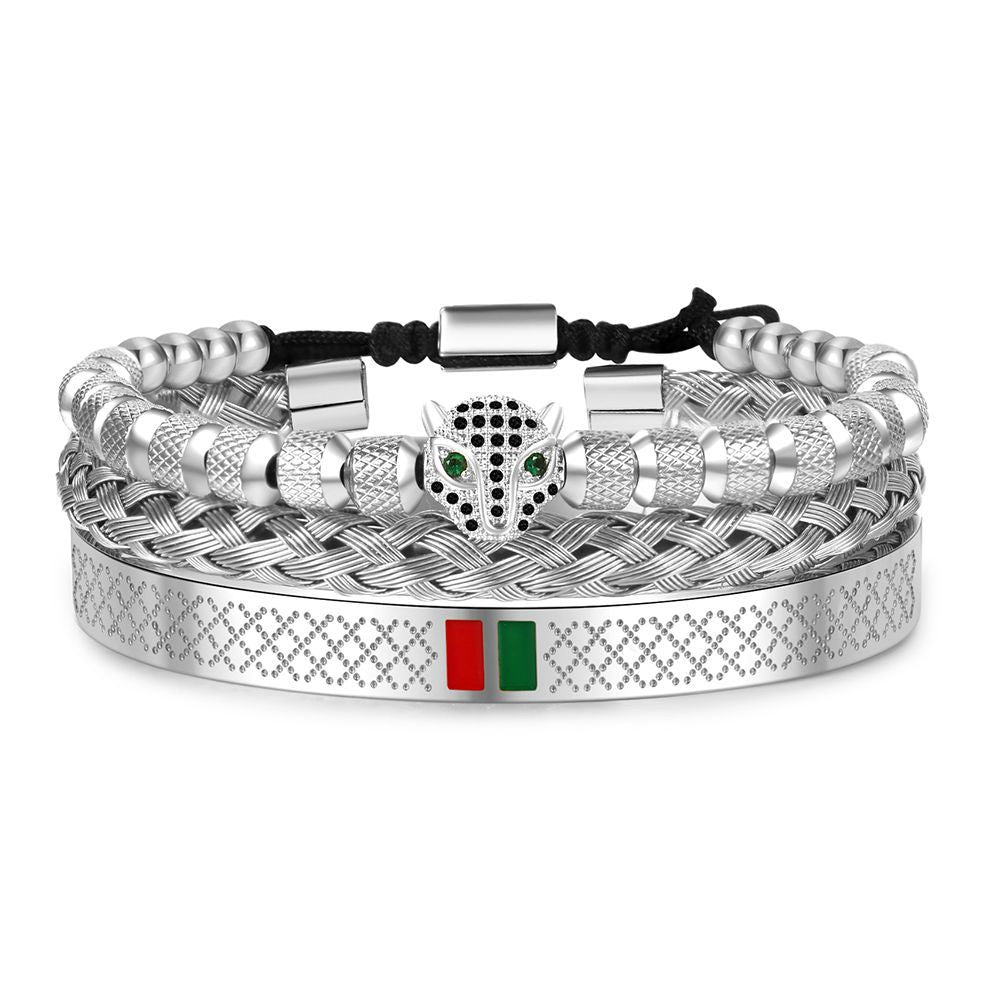 Hip Hop Men's Copper Inlaid Zircon Leopard Head Stainless Steel Bracelet Bracelet Combination Set Non-Fading Internet celebrity jewelry