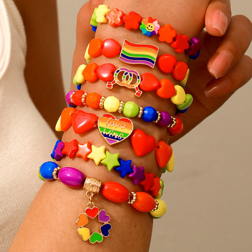 Candy Color Beaded Elastic Bracelet Women's Bohemi Holiday Wind Rainbow Multi-layer Stacked Belt Love Bracelet Set