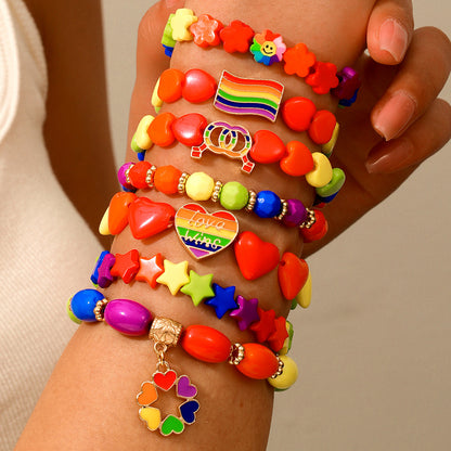 Candy Color Beaded Elastic Bracelet Women's Bohemi Holiday Wind Rainbow Multi-layer Stacked Belt Love Bracelet Set