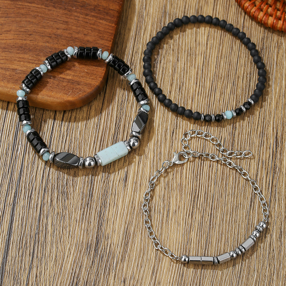 Natural stone and wood bead bracelet men's black matte beaded adjustable chain bracelet multi-layer stacked men's bracelet combination