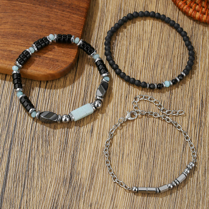 Natural stone and wood bead bracelet men's black matte beaded adjustable chain bracelet multi-layer stacked men's bracelet combination