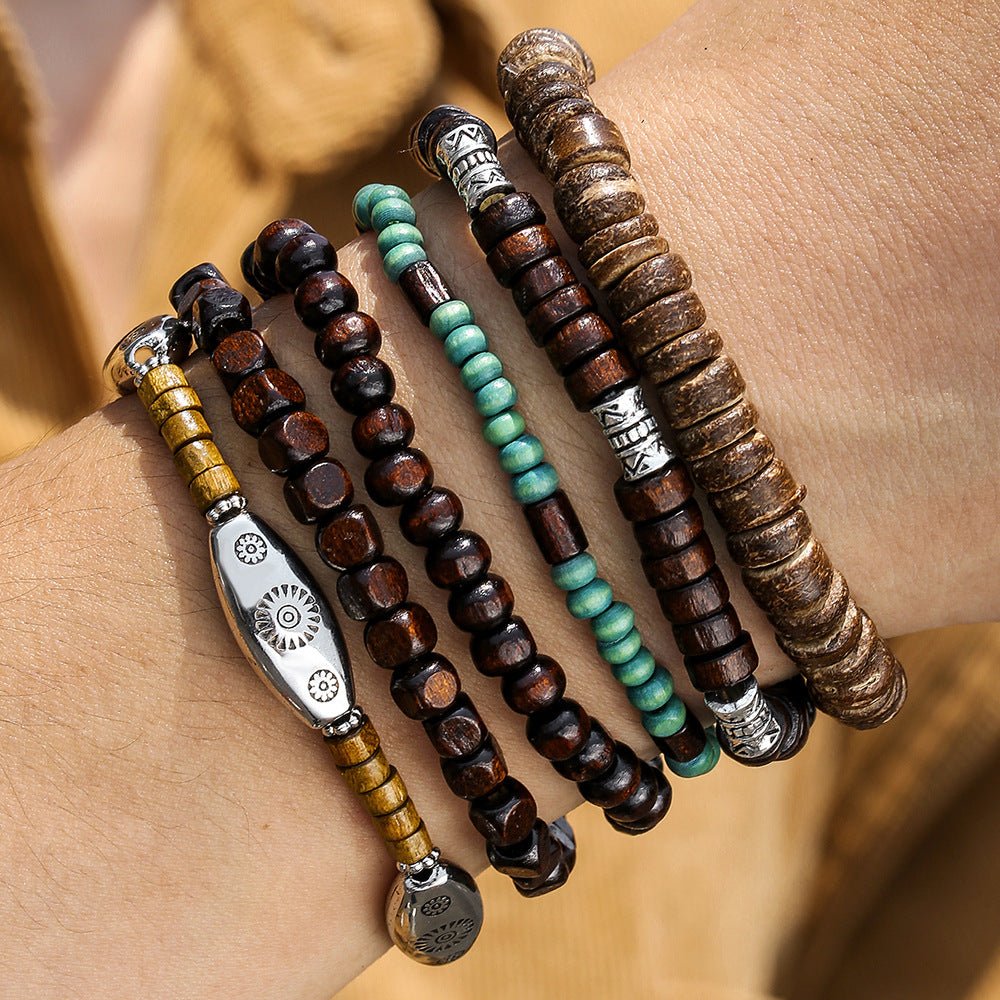 Cross-border hot-selling wood bead alloy multi-layer elastic bracelet bracelet combination European and American retro men's beaded hip-hop bracelet