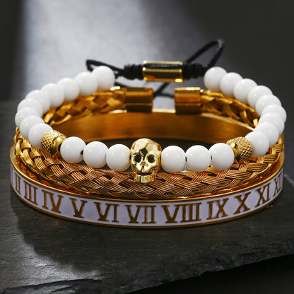 Zircon Skull Leopard Head Crown Bracelet Stainless Steel Men's White Oil Drip Roman Numeral Bracelet Set