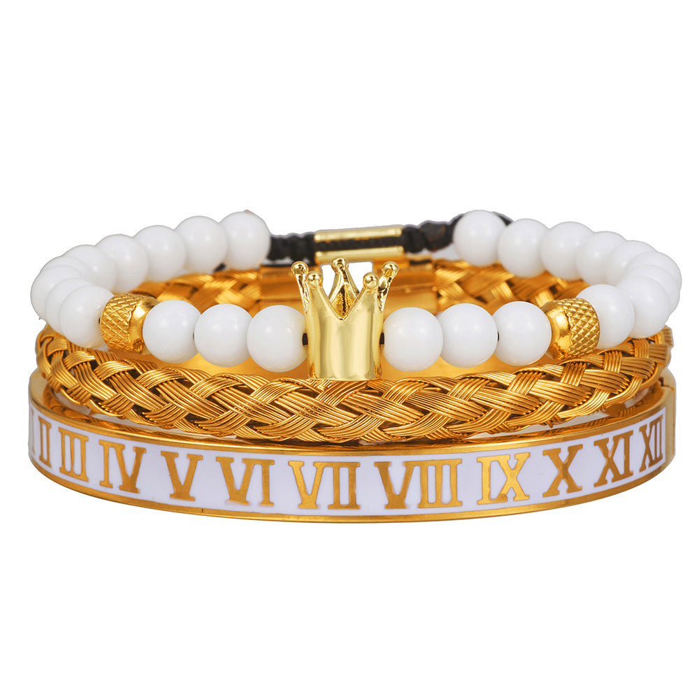 Zircon Skull Leopard Head Crown Bracelet Stainless Steel Men's White Oil Drip Roman Numeral Bracelet Set