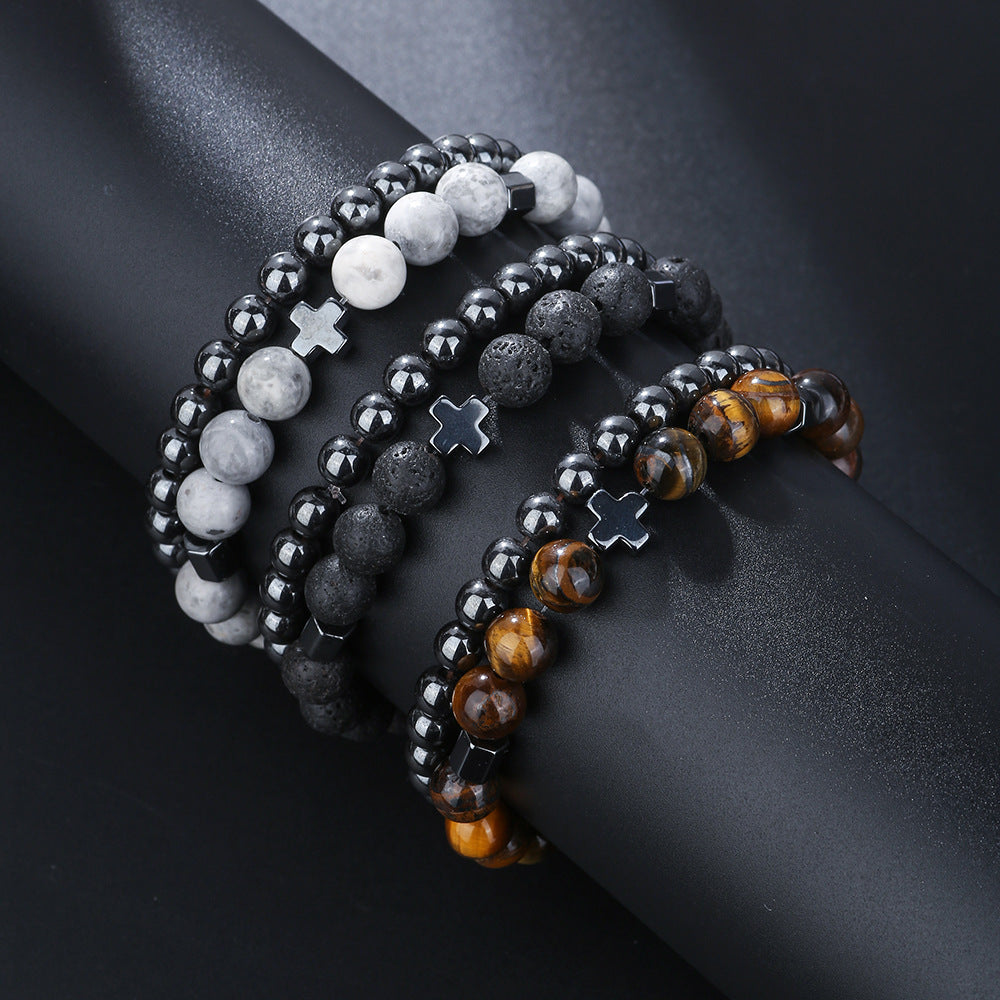 Cross-border fashion volcanic stone tiger's eye stone black gallstone bracelet men's trendy men's simple fashion cross beaded bracelet