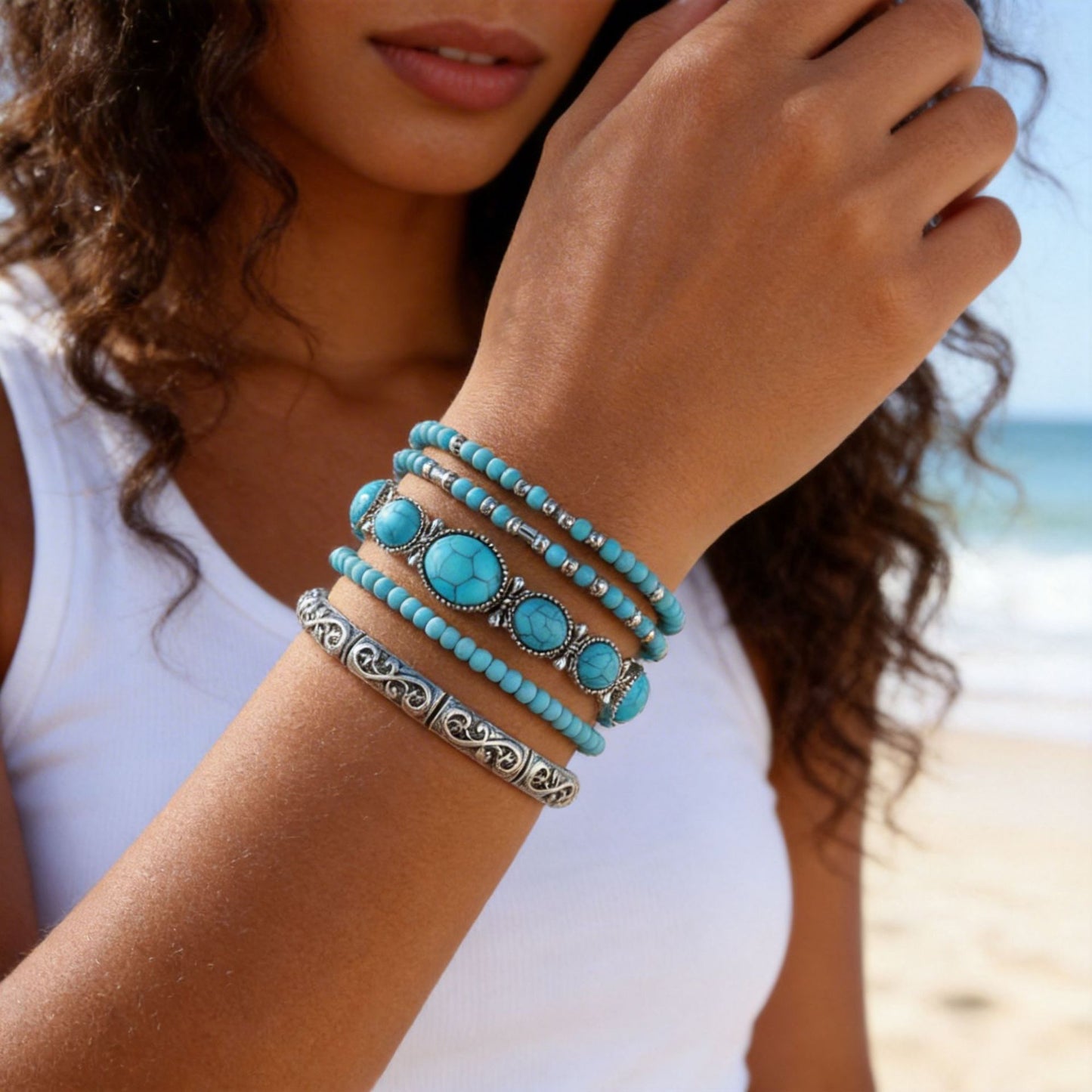 Cross-border hot-selling ethnic style imitation turquoise bracelet, European and American personalized commuting stacking and wearing jewelry combination vacation bracelet