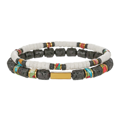 Cross-border personalized trend American double-layer stacked bracelet, black gallstone volcanic stone jewelry set, versatile men's bracelet.